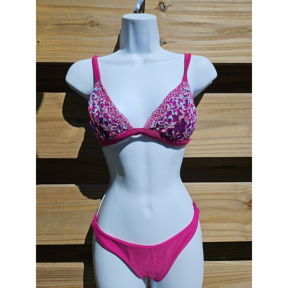 Beach Bunny Beach Sugar Lace Bikini, Floral Pink Purple Size Small Med Bottom